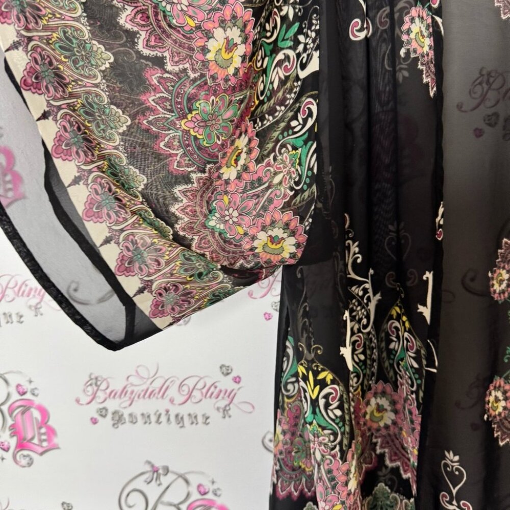 Olive tree cardigan paisley boho tassle hem flowers Black Floral Fringe Kimono - Picture 4 of 8